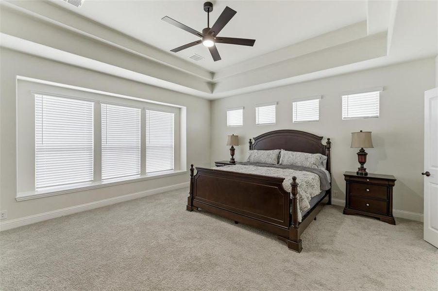 Bedroom featuring ceiling fan, light carpet, and a tray ceiling