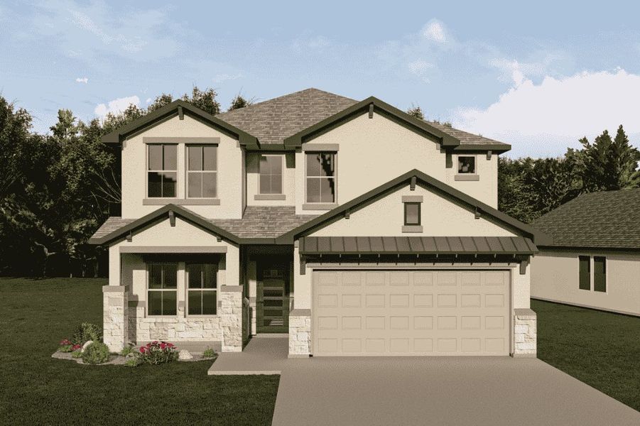 Representative exterior photo of a completed home built from the Nathan 2833 S by Saratoga Homes in Butler Farms, Liberty Hill, TX (Image 1). Representative exterior photo of a completed home built from the Nathan 2833 S by Saratoga Homes in Butler Farms, Liberty Hill, TX (Image 1).