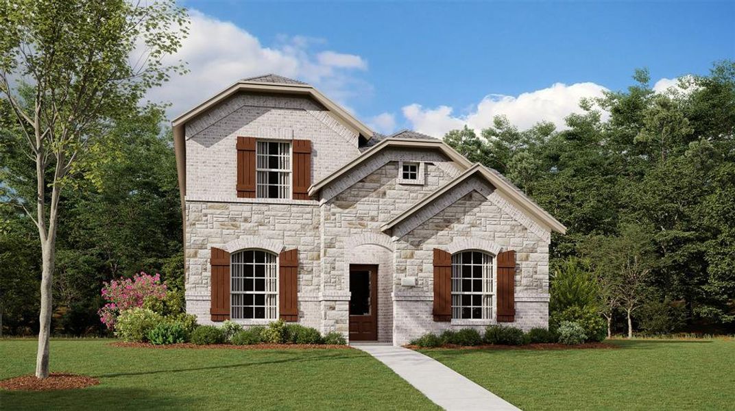 Two-story residence featuring a combination of light-colored brick and stone veneer Two-story residence featuring a combination of light-colored brick and stone veneer