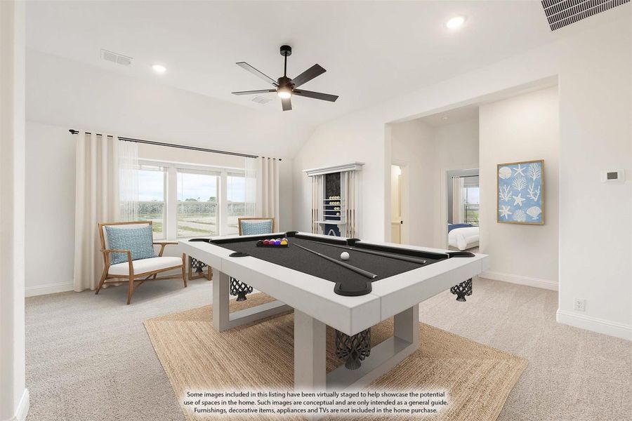 Game room with pool table, vaulted ceiling, ceiling fan, and carpet flooring