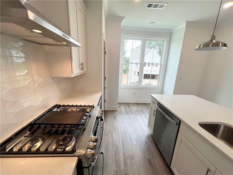 Kitchen with range hood, appliances with stainless steel finishes, decorative backsplash, wood finished floors, and ornamental molding