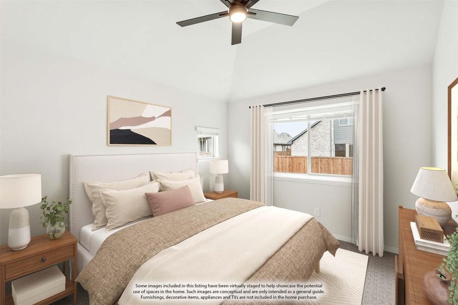 Bedroom with vaulted ceiling, ceiling fan, neutral bedding, and two windows with white curtains Bedroom with vaulted ceiling, ceiling fan, neutral bedding, and two windows with white curtains