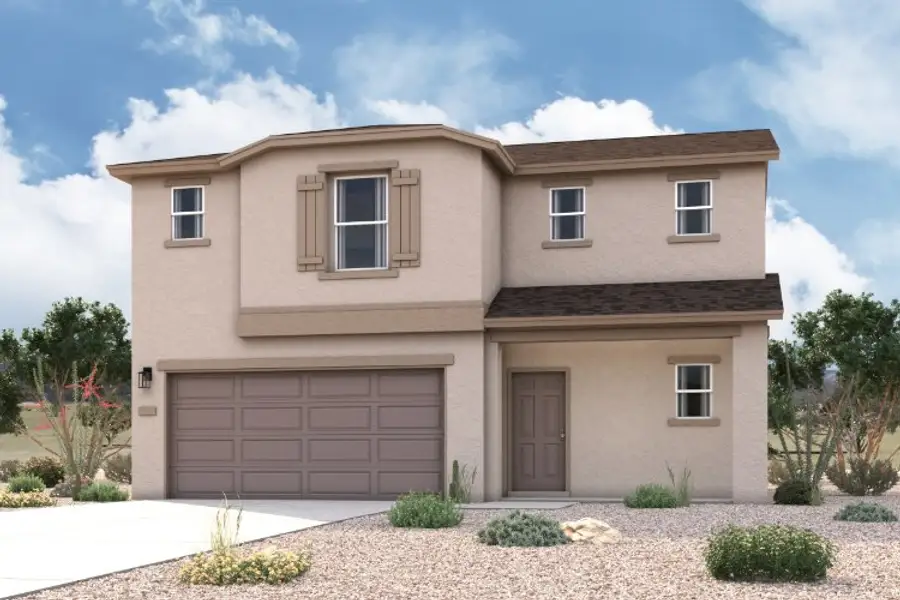Front exterior of a new home in Western Crossings, Florence, AZ, highlighting curb appeal (Image 1). Front exterior of a new home in Western Crossings, Florence, AZ, highlighting curb appeal (Image 1).