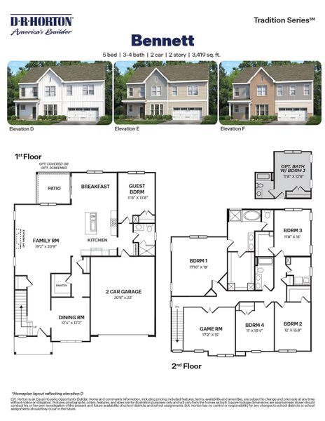 2D floor plan layout for the Bennett by D.R. Horton in The Manors at Haywood Glen, Knightdale, NC (Image 3).