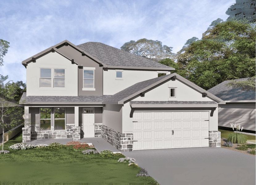 Representative exterior photo of a completed home built from the Bennington 2434 S by Saratoga Homes in Morningstar, Georgetown, TX (Image 6). Representative exterior photo of a completed home built from the Bennington 2434 S by Saratoga Homes in Morningstar, Georgetown, TX (Image 6).