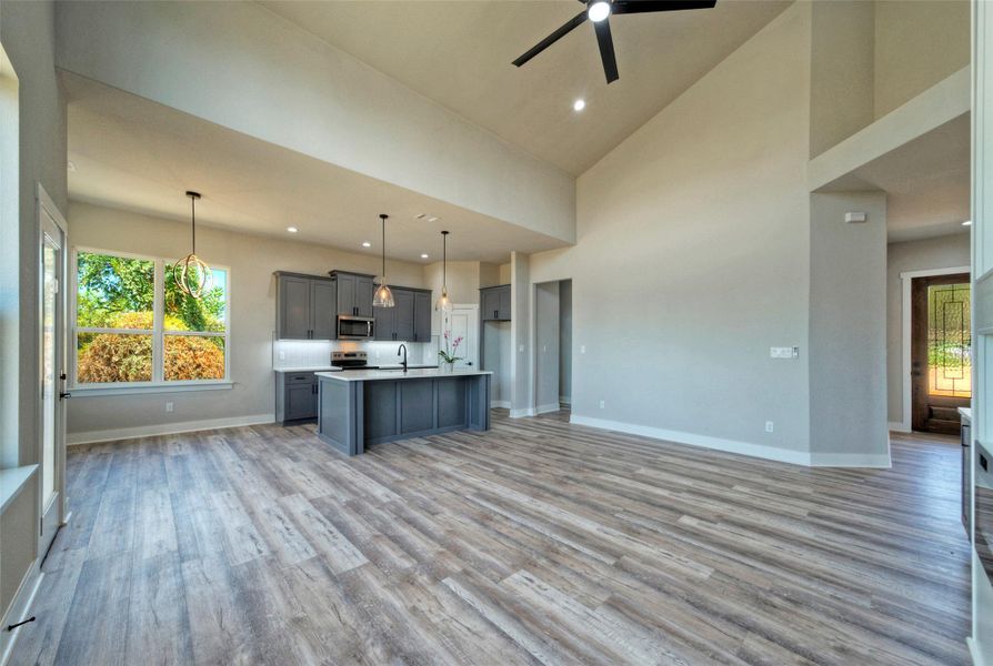 High vaulted ceilings and wood-look flooring define this open-concept main living space. High vaulted ceilings and wood-look flooring define this open-concept main living space.