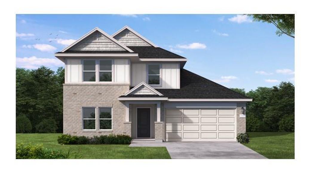Front exterior of a new home in Laurel Landing, Alvin, TX, highlighting curb appeal (Image 1). Front exterior of a new home in Laurel Landing, Alvin, TX, highlighting curb appeal (Image 1).