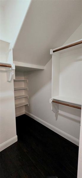 Walk in closet featuring dark wood-style flooring Walk in closet featuring dark wood-style flooring