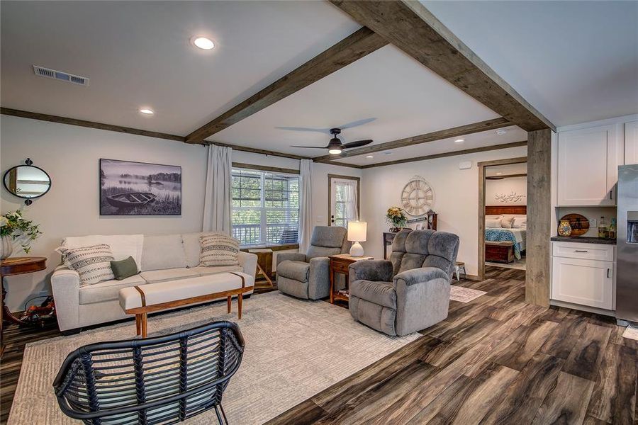 Living room flows into kitchen/dining