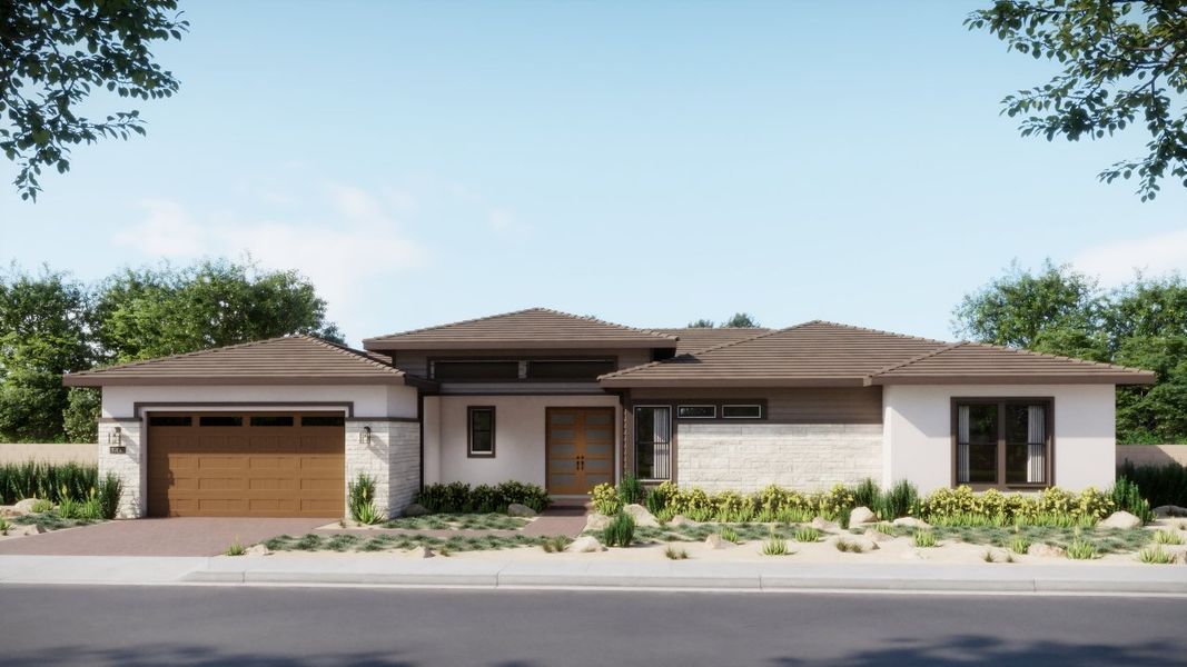 Front exterior of a new home in Estates at Kings Ranch, Gold Canyon, AZ, highlighting curb appeal (Image 20).