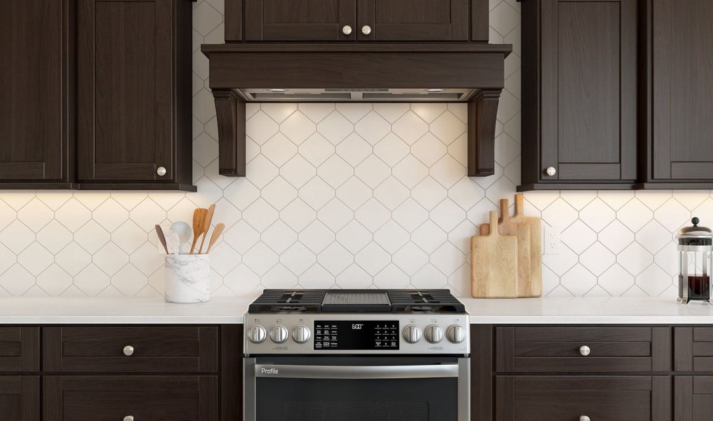 White hex tile backsplash in kitchen