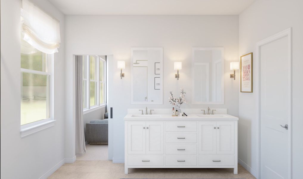 Primary bath with dual sinks and brushed nickle fixtures