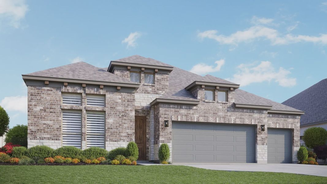 Front exterior of a new home in Hawkes Landing, Leander, TX, highlighting curb appeal (Image 1). Front exterior of a new home in Hawkes Landing, Leander, TX, highlighting curb appeal (Image 1).