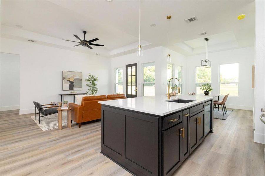 Kitchen with a tray ceiling, a kitchen island with sink, sink, and pendant lighting