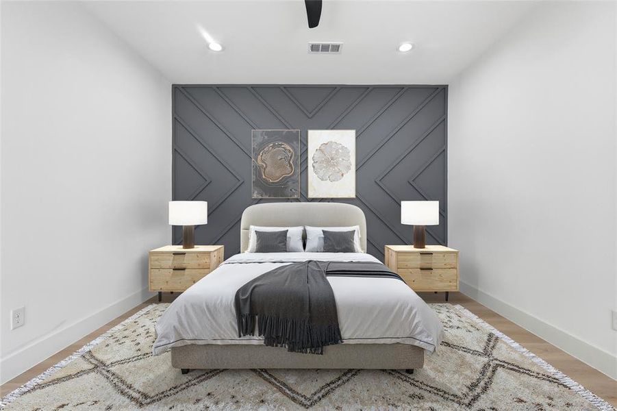 Unfurnished room featuring wood finished floors, an accent wall, a ceiling fan, and recessed lighting Unfurnished room featuring wood finished floors, an accent wall, a ceiling fan, and recessed lighting