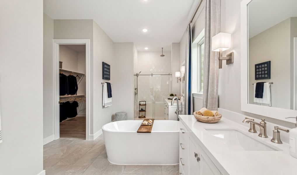 Primary bath with brushed nickel accents Primary bath with brushed nickel accents