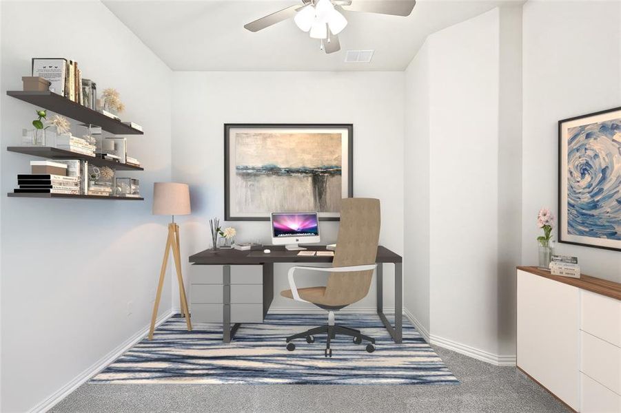 Office area with carpet flooring and ceiling fan