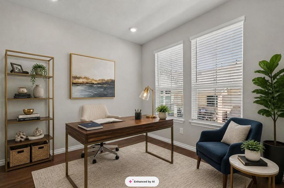 An inviting home office boasts rich hardwood floors and recessed lighting, offering a quiet space for productivity. An inviting home office boasts rich hardwood floors and recessed lighting, offering a quiet space for productivity.