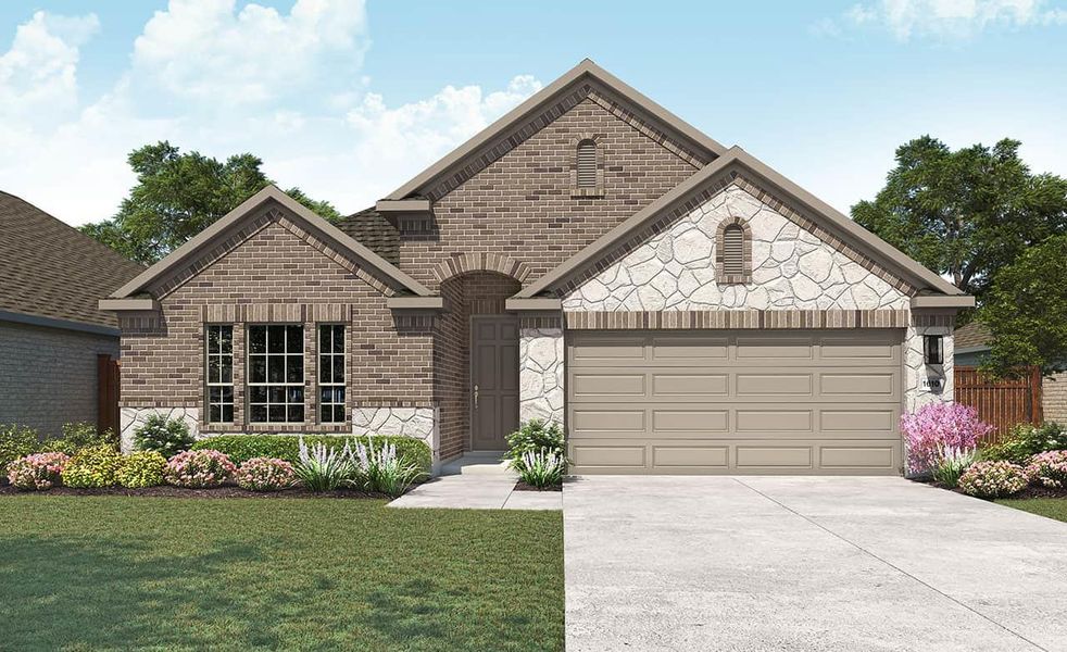 View of front facade featuring brick siding, a front lawn, driveway, stone siding, and an attached garage