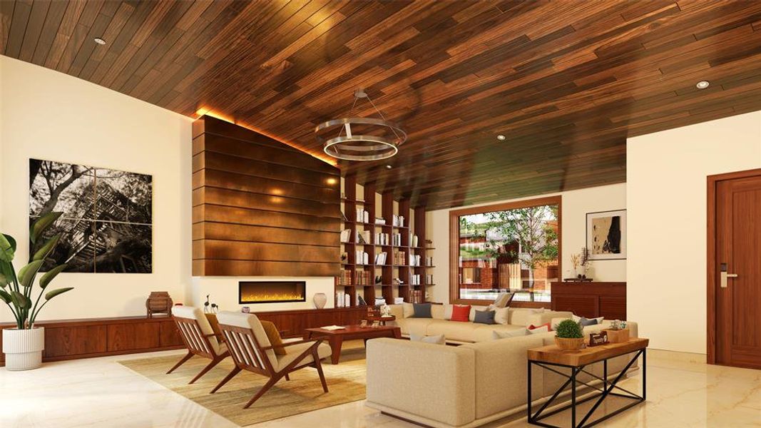 Living area featuring lofted ceiling, a large fireplace, wood ceiling, marble finish floors, and a chandelier