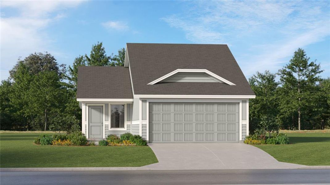 View of front of house with a garage and a front lawn