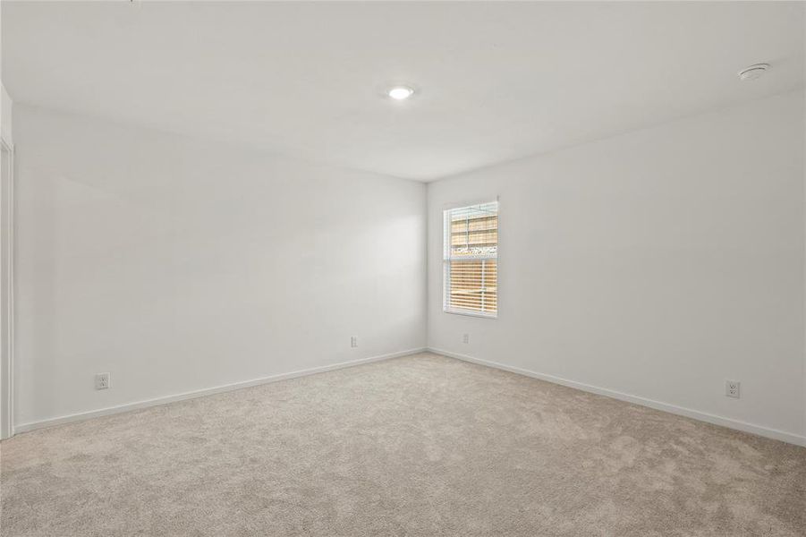 Spacious room featuring light gray carpeting, neutral wall finishes, a single window with horizontal blinds, and a ceiling-mounted light fixture