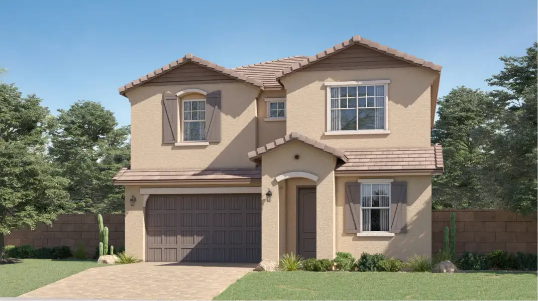 Front exterior of a new home in Mystic: Majestic, Peoria, AZ, highlighting curb appeal (Image 1). Front exterior of a new home in Mystic: Majestic, Peoria, AZ, highlighting curb appeal (Image 1).