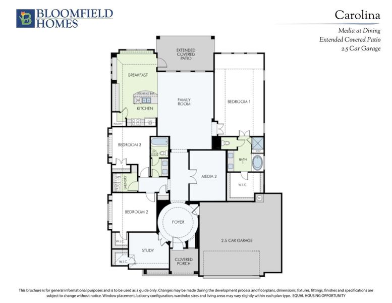 Bloomfield Homes Carolina floor plan with 3 bedrooms, family room, media room, study, and 2.5-car garage. Bloomfield Homes Carolina floor plan with 3 bedrooms, family room, media room, study, and 2.5-car garage.