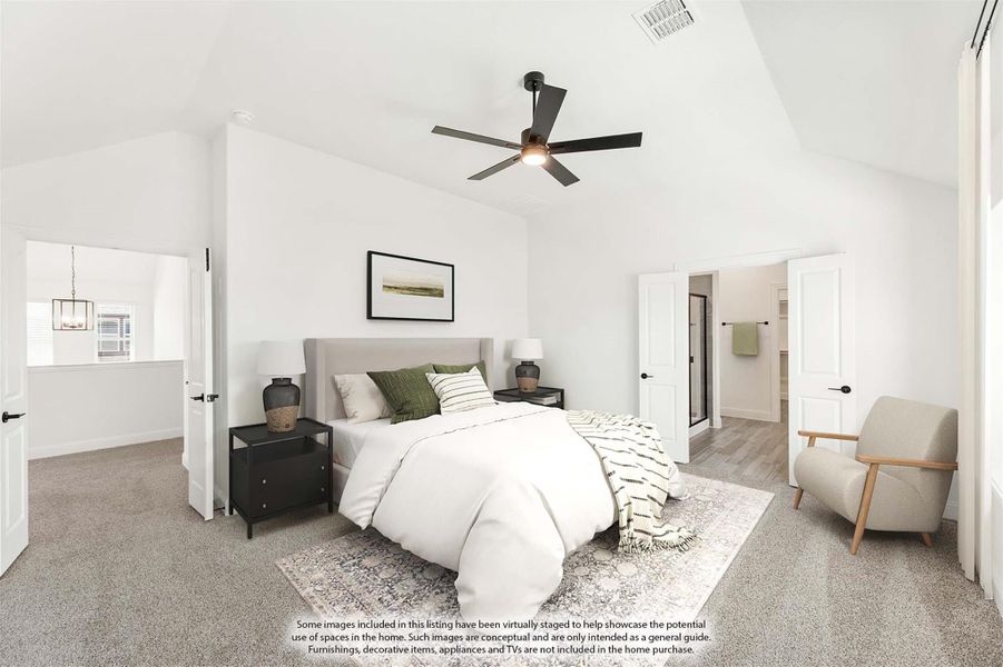 Master bedroom with vaulted ceiling, ceiling fan, carpet flooring, and ensuite bathroom access Master bedroom with vaulted ceiling, ceiling fan, carpet flooring, and ensuite bathroom access