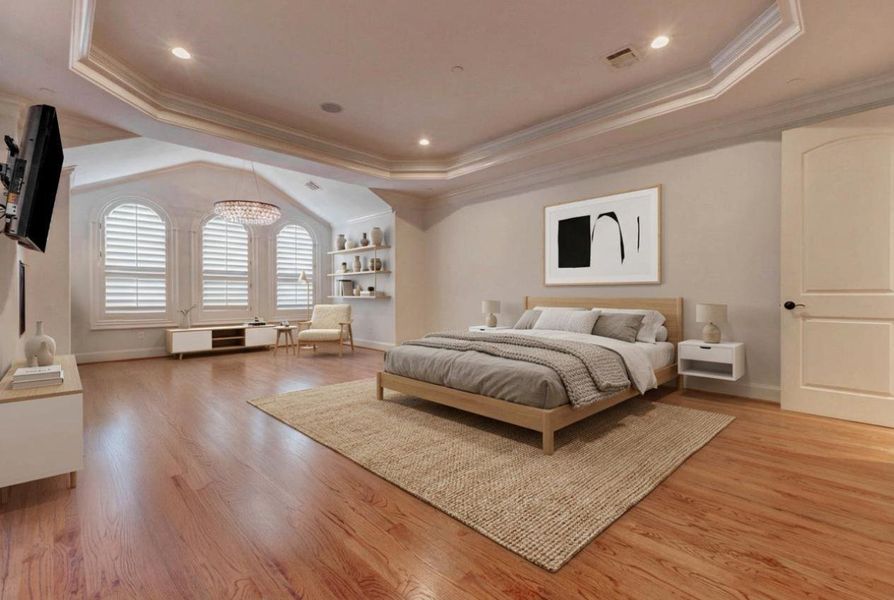VIRTUALLY STAGED DECOR PHOTO-OVERSIZE PRIMARY SUITE WITH SITTING AREA AND FRIDGE.