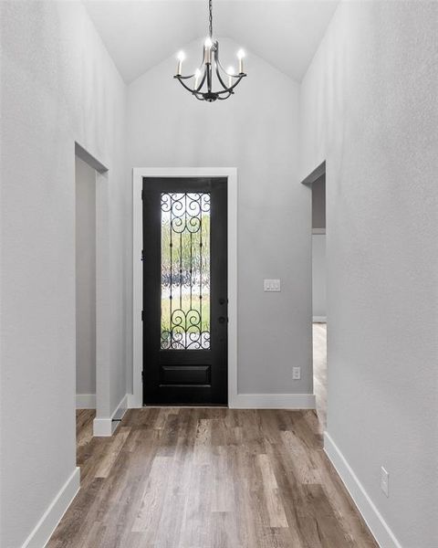 Foyer featuring a chandelier, light wood-style floors, and high vaulted ceiling