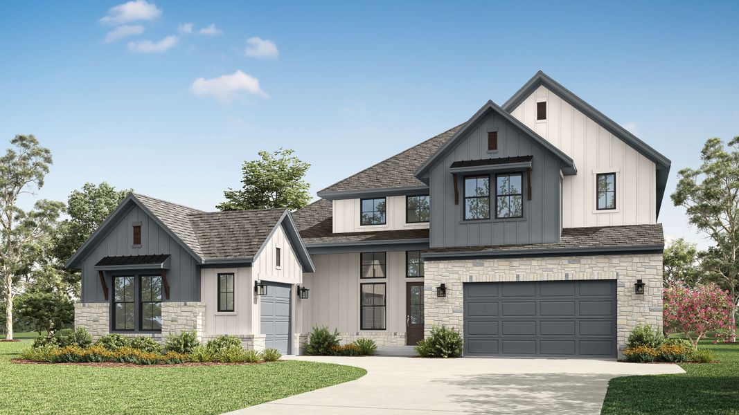 Representative exterior photo of a completed home built from the Altura by Tri Pointe Homes in Noven, Leander, TX (Image 2). Representative exterior photo of a completed home built from the Altura by Tri Pointe Homes in Noven, Leander, TX (Image 2).