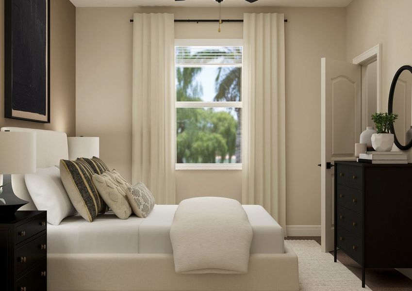 Rendering of a bedroom with view of the window. Rendering of a bedroom with view of the window.