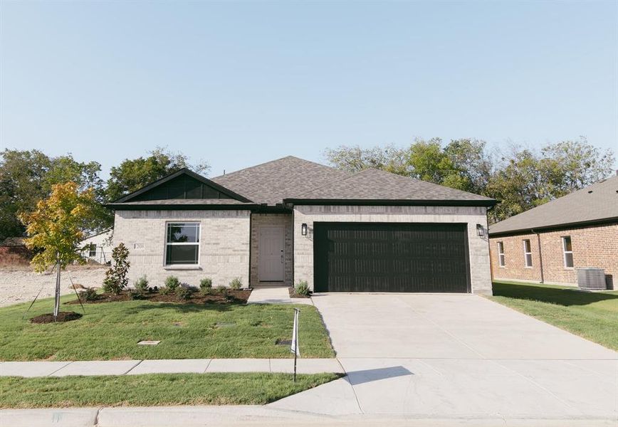 View of front facade with a garage, a front lawn, and central AC unit