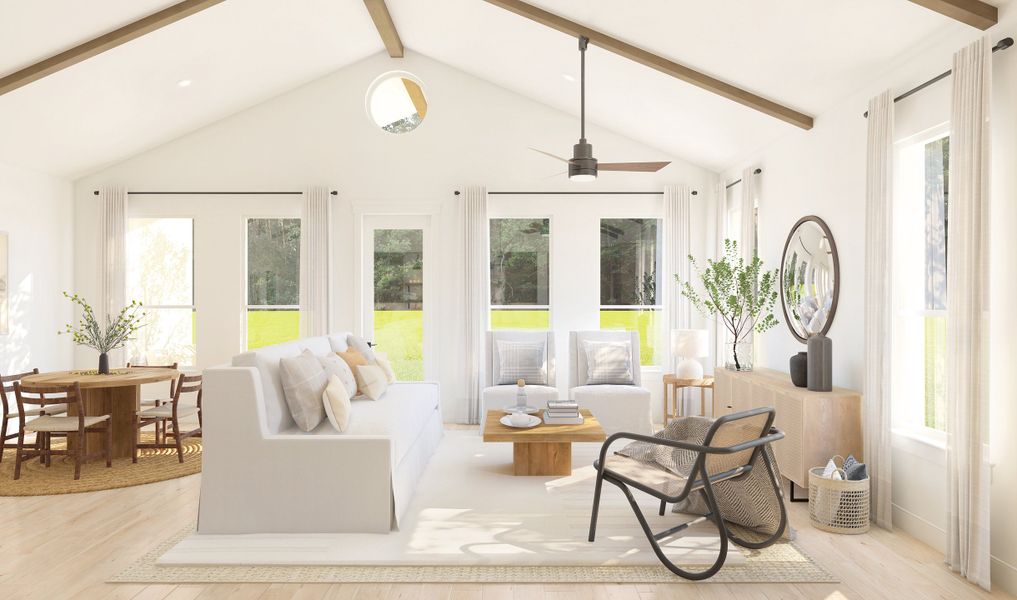 Great room with vaulted ceiling and ceiling beams