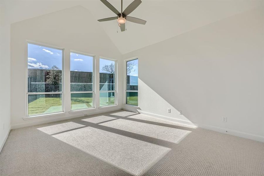 Carpeted empty room with vaulted ceiling, a healthy amount of sunlight, and ceiling fan