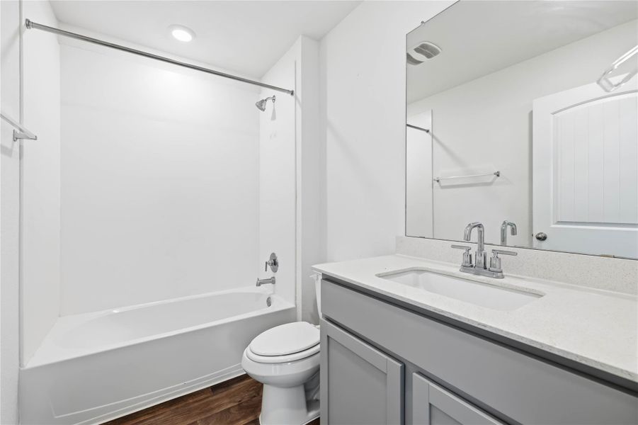 The full secondary bathroom comes with a shower/tub combo. The full secondary bathroom comes with a shower/tub combo.