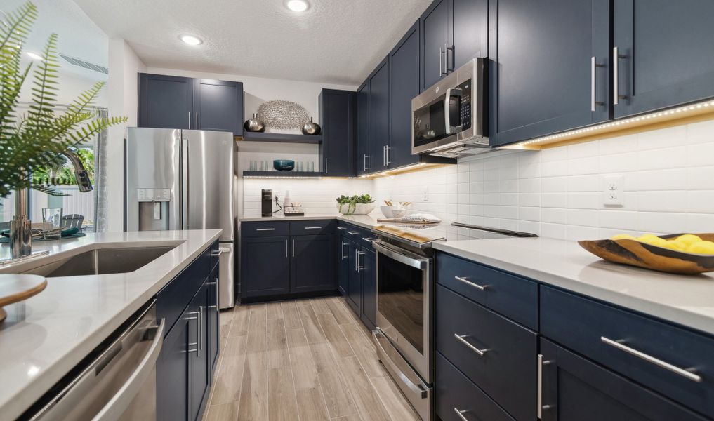 Admiral blue cabinets and quartz countertops