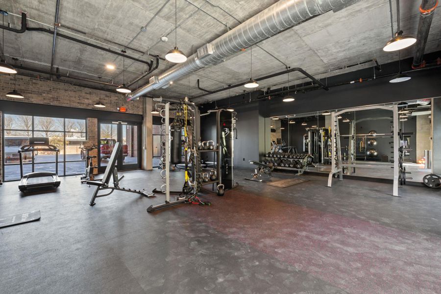 Exercise room with a high ceiling