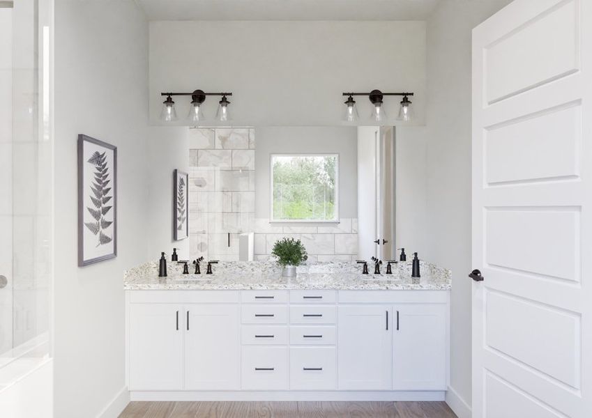 A modern bathroom with a double vanity, white cabinets, granite countertops, and black fixtures. A central mirror reflects light, enhancing the serene ambiance. A modern bathroom with a double vanity, white cabinets, granite countertops, and black fixtures. A central mirror reflects light, enhancing the serene ambiance.