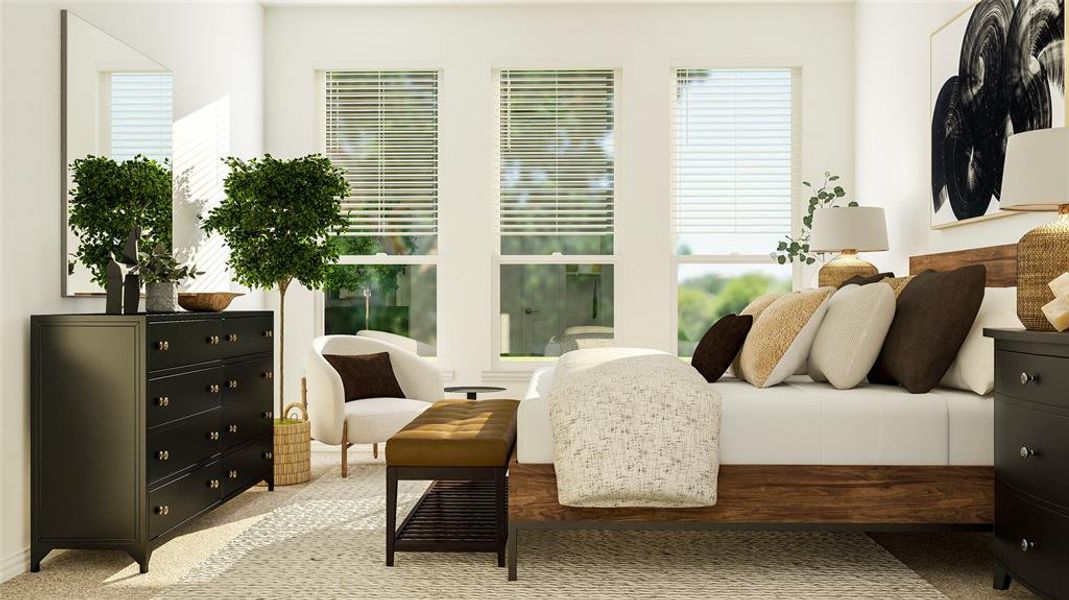 Bedroom featuring multiple windows and light colored carpet