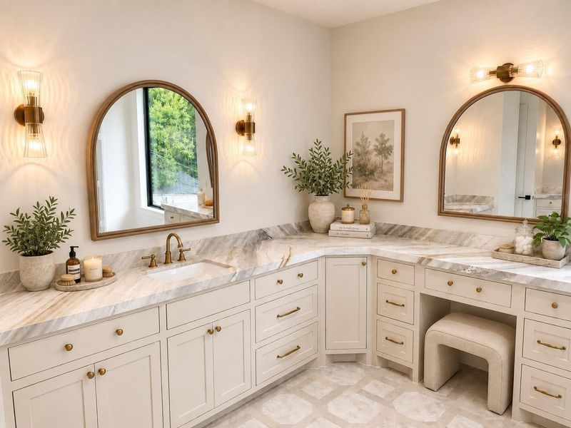 Her sink and vanity area with plenty of storage and marble countertops