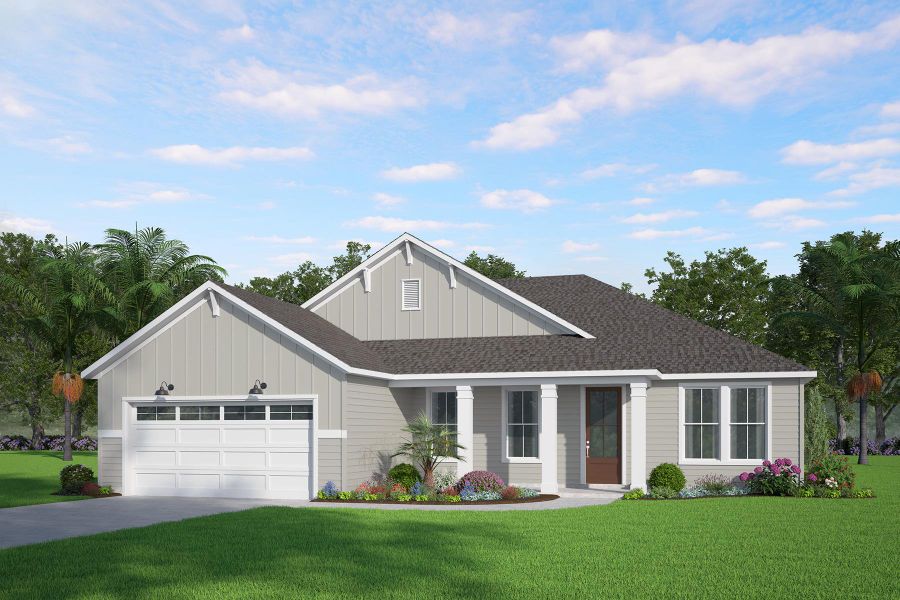 Front exterior of a new home in Palm Coast Homes, Palm Coast, FL, highlighting curb appeal (Image 2). Front exterior of a new home in Palm Coast Homes, Palm Coast, FL, highlighting curb appeal (Image 2).