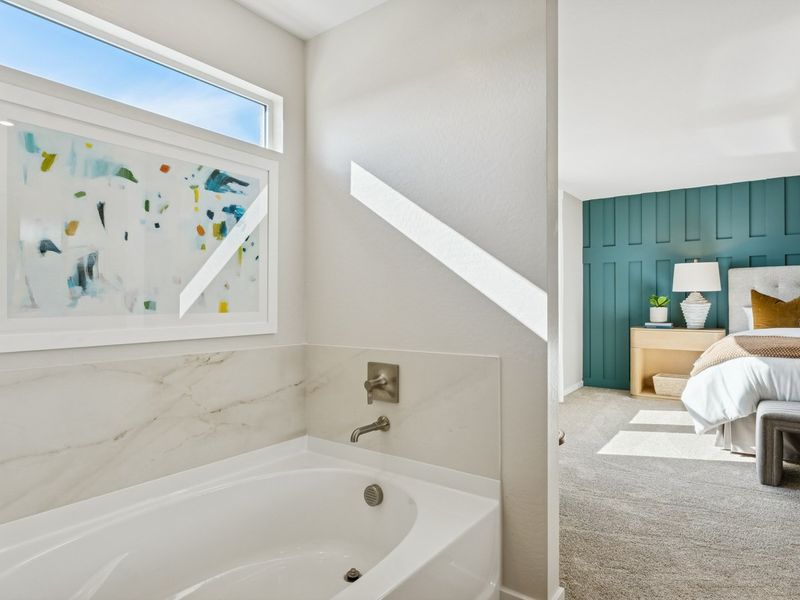 A bathroom with a tub and a bed.