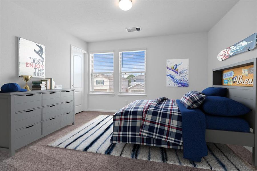 Secondary bedroom features plush carpet, neutral paint, lighting, large window with privacy blinds and ample sized closet space.