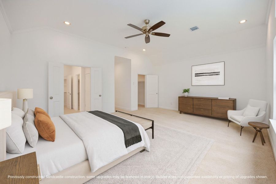 Retreat in Style. With two spacious walk-in closets—one in the bedroom, one in the bath—this vaulted primary suite was designed with real life in mind.