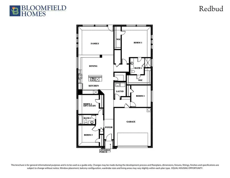 Bloomfield Homes Redbud floor plan with four bedrooms, two bathrooms, kitchen, dining, family room, and two-car garage.