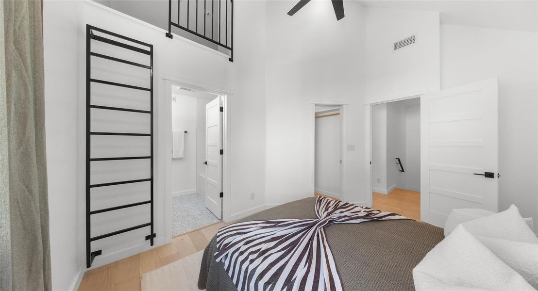 A versatile bedroom with its own ensuite access, offering privacy and flexibility for guests or work-from-home days. Model No. 105 Shown.