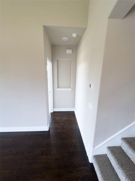 Hallway with dark hardwood / wood-style flooring