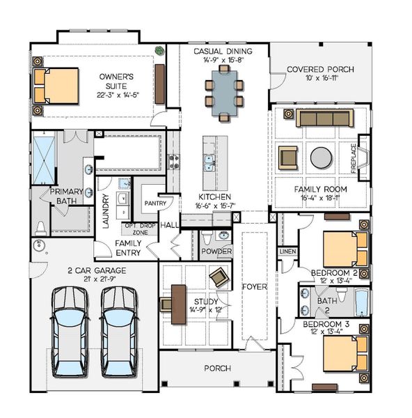 2D floor plan layout for the Columbia by Greybrook Homes in Harbor Watch, Statesville, NC (Image 7).